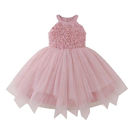 MEZZALL Girls Formal Party Dress Irregular Sleeveless O-Neck 3D Embroidered Dance Gown Kids Comfort Dresses