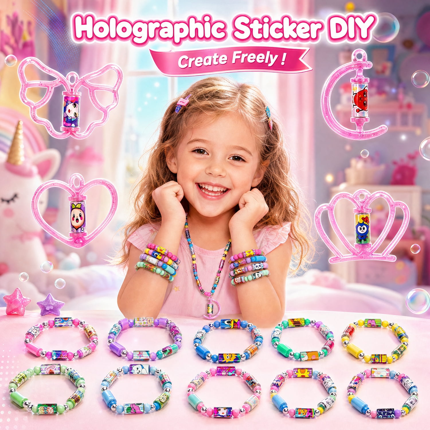 Monqistar Sticker Bracelet Kit, 1000 Mini Stickers Set, Wearable & Shareable Sticker Rolls, Sticker Collection Book, Make Bracelets & Necklaces Set for 5-12 Years Girls Gift