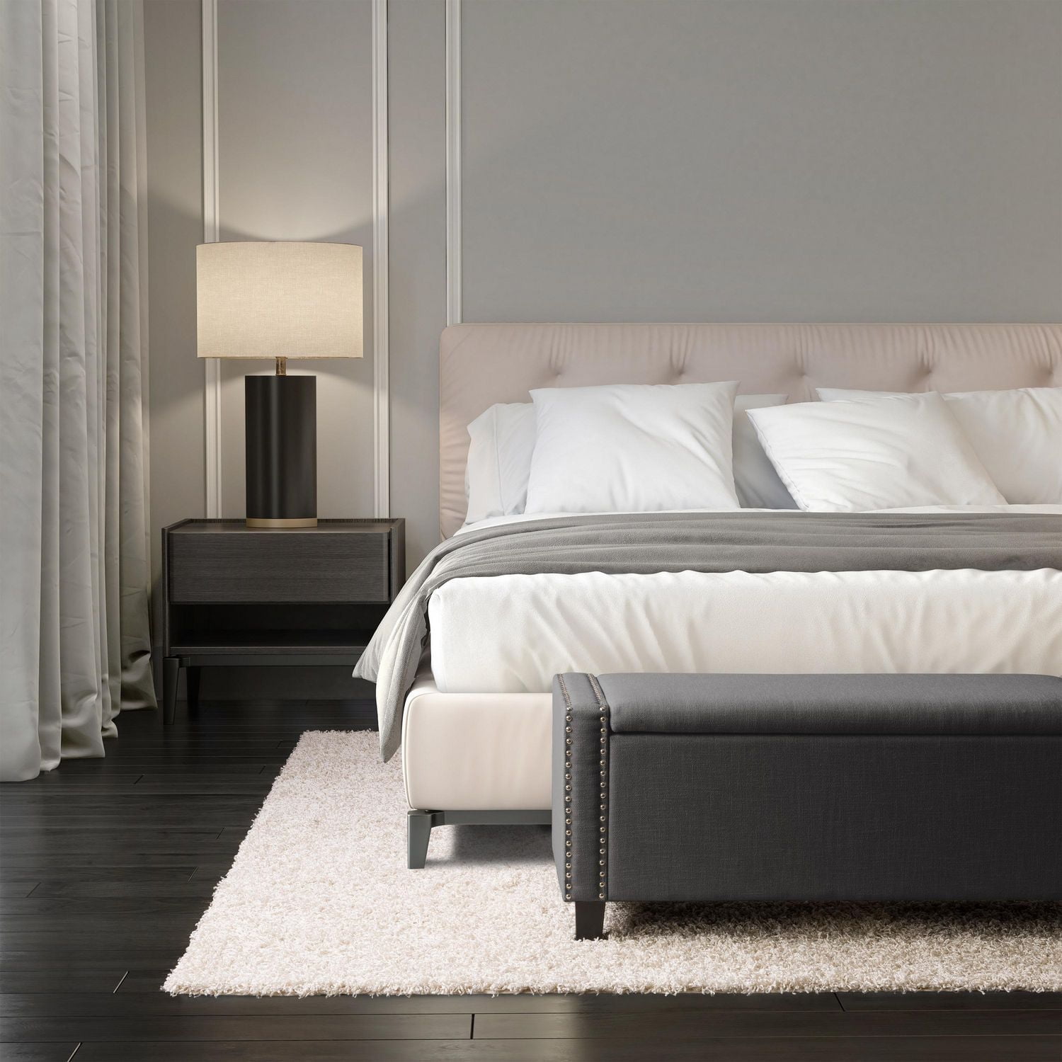 CorLiving Boston Fabric Upholstered Storage Ottoman with Nail Head Accents and Sturdy Plastic Feet