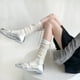 thumbnail image 1 of Xiao Hua 3 pares de calcetines casuales de algodón hasta la rodilla para mujer, de punto liso, elásticos y suaves (blancos)., 1 of 2