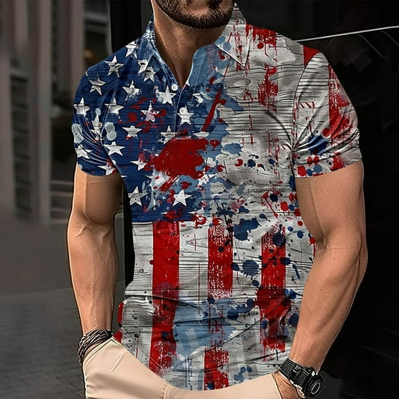 ALLLIST Short Sleeve Mens Gray Collared Independence Day T-Shirts Button Casual Printed Shirts for Men