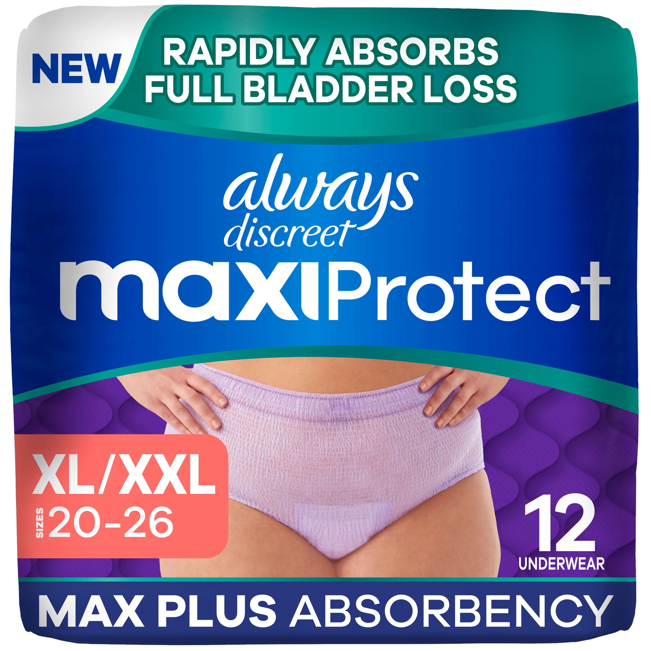 Always Discreet Adult Diapers for Women, MaxiProtect, Incontinence Underwear, Maximum Plus Absorbency, Size XL/XXL, 12 Count