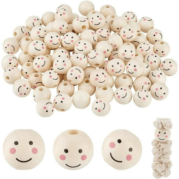 100pcs Smiling Face Wooden Beads, 16mm Wood Beads Ball Head Beads with 4mm Hole Spacer Beads Wooden Loose Beads for DIY Bracelet Necklace Jewelry Macrame Making Hair Crafts Christmas