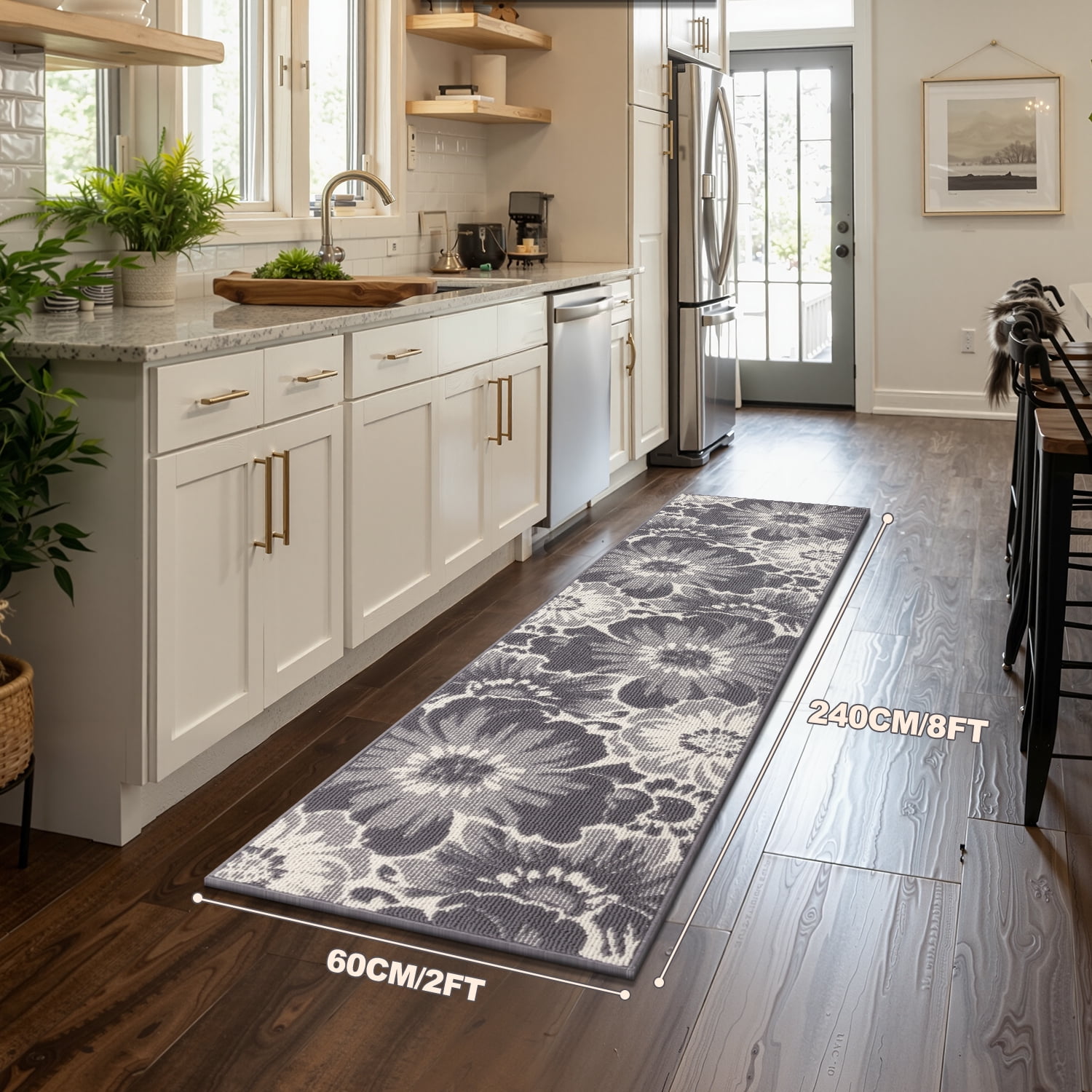 Findosom Runner Rug for Hallway 2x8 ft,Non-slip Machine Washable Runners Flower Floor Mats Low Pile Carpet Rug Runner with Rubber Backing for Entryway Doormat Bathroom Kitchen Laundry Room,Gray