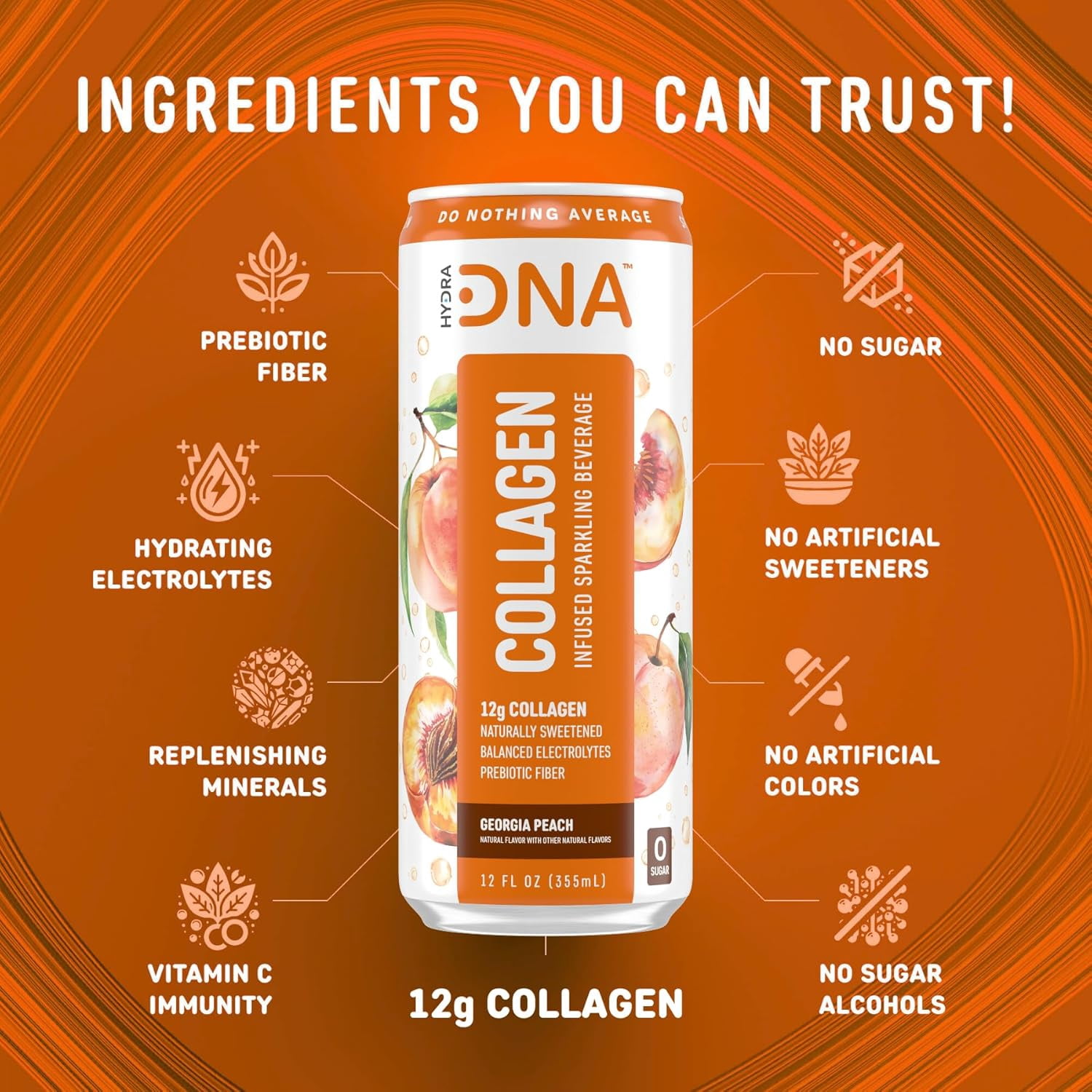 HYDRADNA Collagen Sparkling Protein Water Drink, Georgia Peach Flavor, Sugar-Free, Keto-Friendly, Gluten-Free, 12 Pack, 12 fl oz