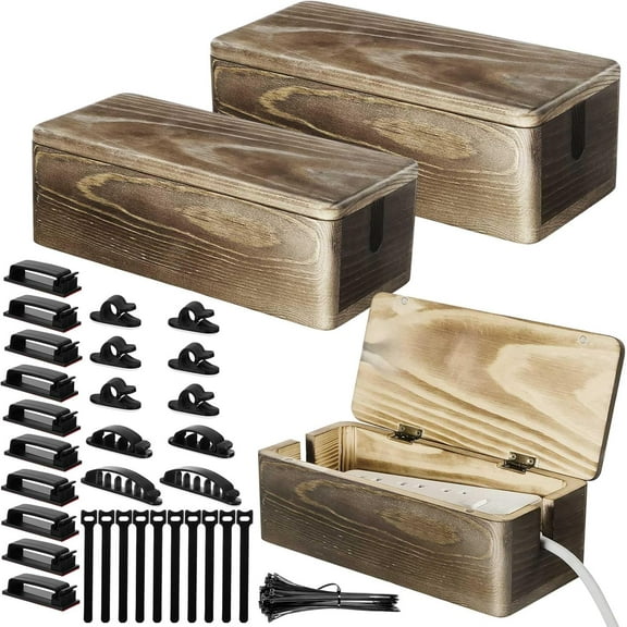 3 Pcs 3 Size Wooden Cable Box Organizer Set with 130 Pcs Cable Management Kit, Desk Cord Hider Cord Holder to Hide Wires Power Strips(Pine Color)
