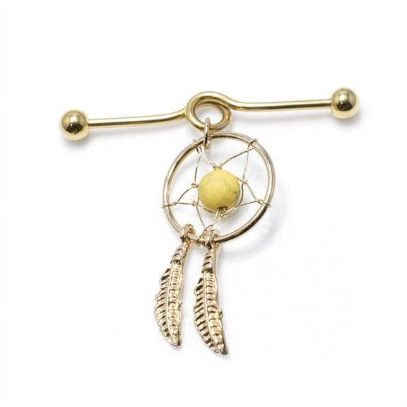 Gold Anodized 14G Industrial Barbell w/ Dream Catcher Dangle