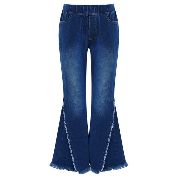 iefiel Girls Washed Elastic Waistband Jeans Ripped Bell-bottom Hem Denim Pants Casual Straight Trouser Dark Blue 12