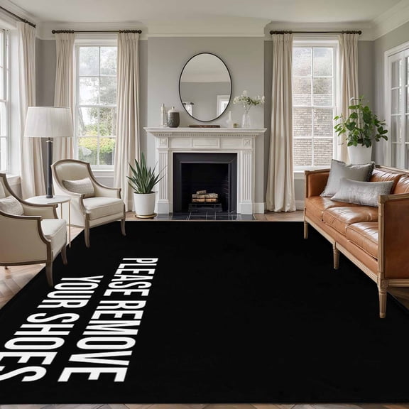 Area Rug for Living Room, Black Non-Slip Indoor Large Carpet for Bedroom/Dining Room, Funny Letters Please Remove Your Shoes Washable Low-Profile Rectangle Floor Runner Rugs - 6 x 9 Ft