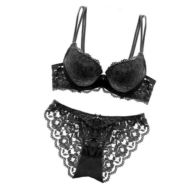 Linyer Lace Bra Set Push up Adjustable Girls Underwear Hollow Breathable Lingerie  Black 38/85B 