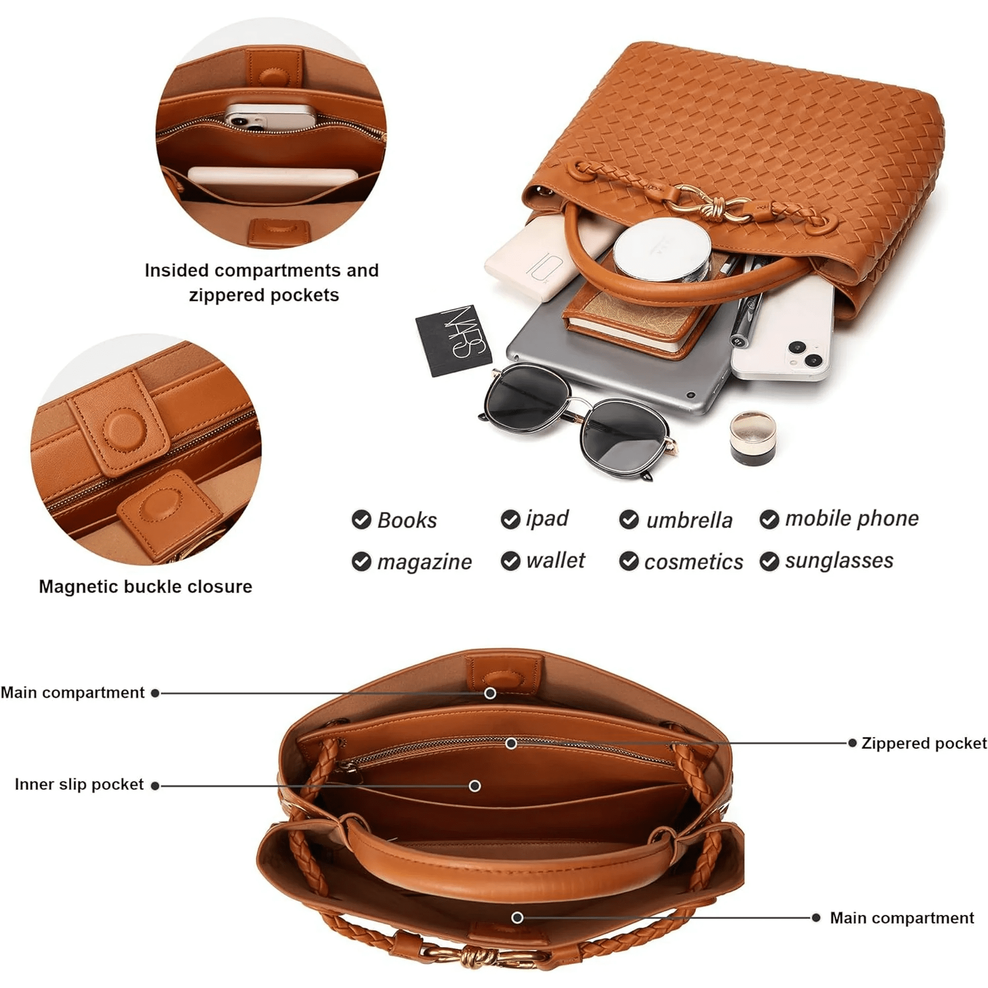 Large Tote Purse Woven Bag for Women Crossbody Handbag: Vegan Leather Small Tote Purse - Bowknot Satchel Brown