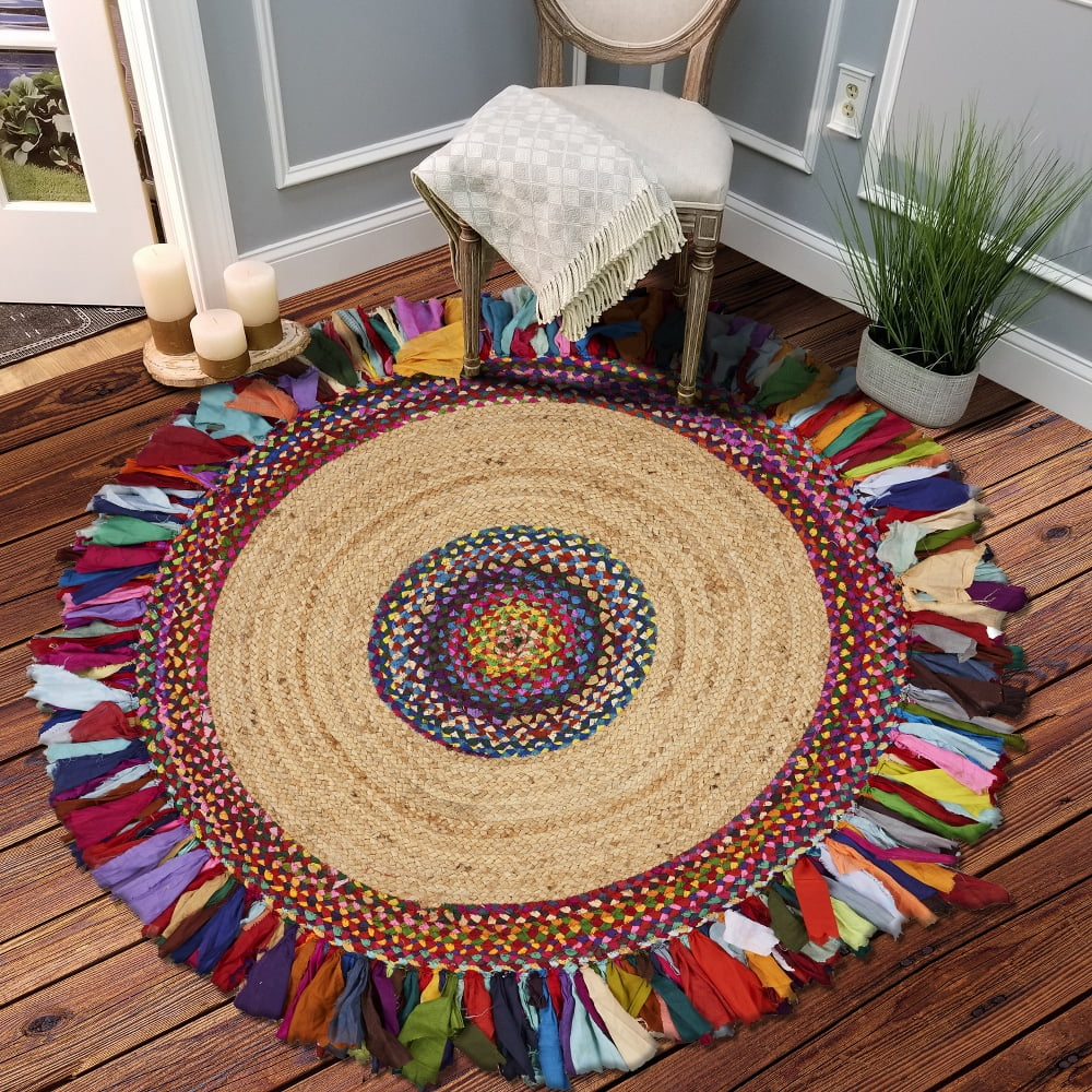 LR Home Natural Jute 5 Feet 6 Inches Hand Braided Chindi Multicolor