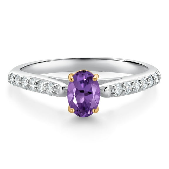 Gem Stone King 10K White and Yellow Gold Purple Amethyst and White Lab Grown Diamond Engagement Ring for Women (0.63 Cttw, Oval 6X4MM, Gemstone February Birthstone, Size 6)