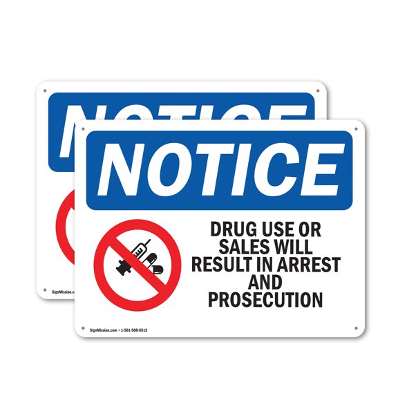 (2 Pack) Drug Use Or Sales Will Result In Arrest OSHA Notice Sign 10 Inch X 7 Inch Plastic Sign, Weather Resistant, UV Protected for Workplace, Business, and Construction Site, Made in