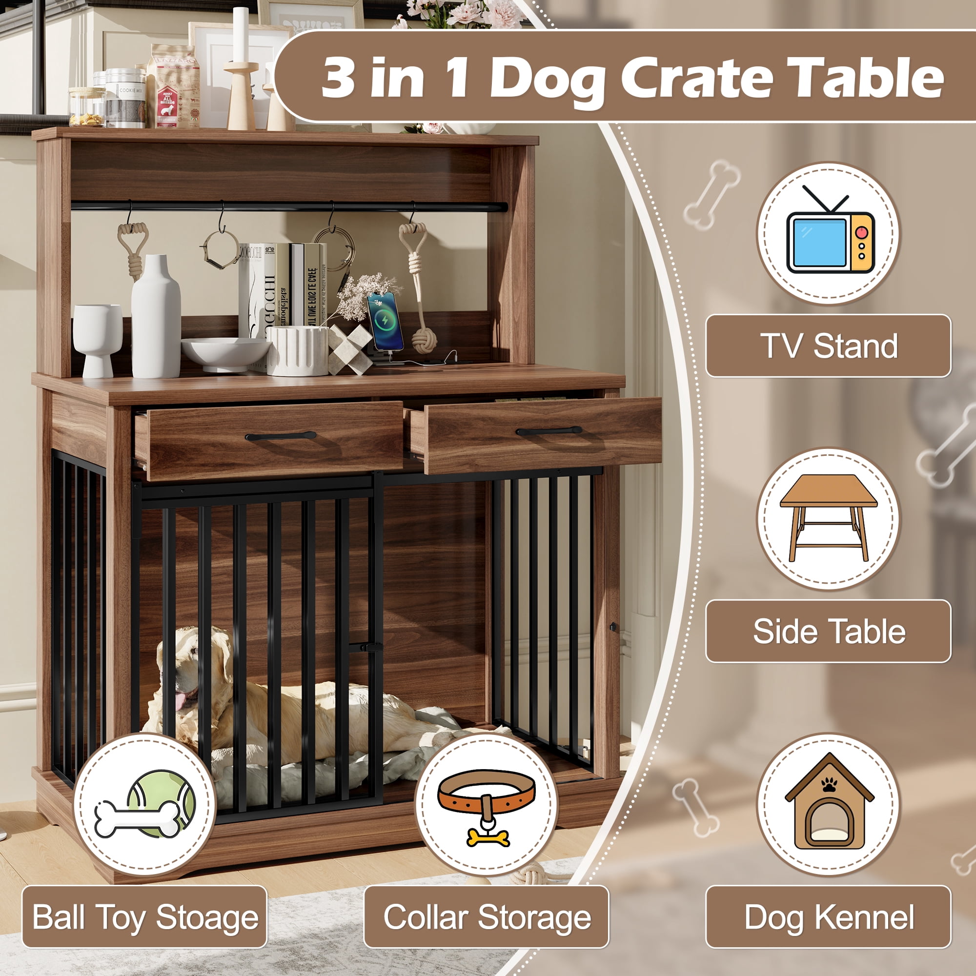 Aukfa Heavy Duty Dog Crate Furniture,38" Chew-Resistant Dog Kennel End Table for Medium Dogs, Brown