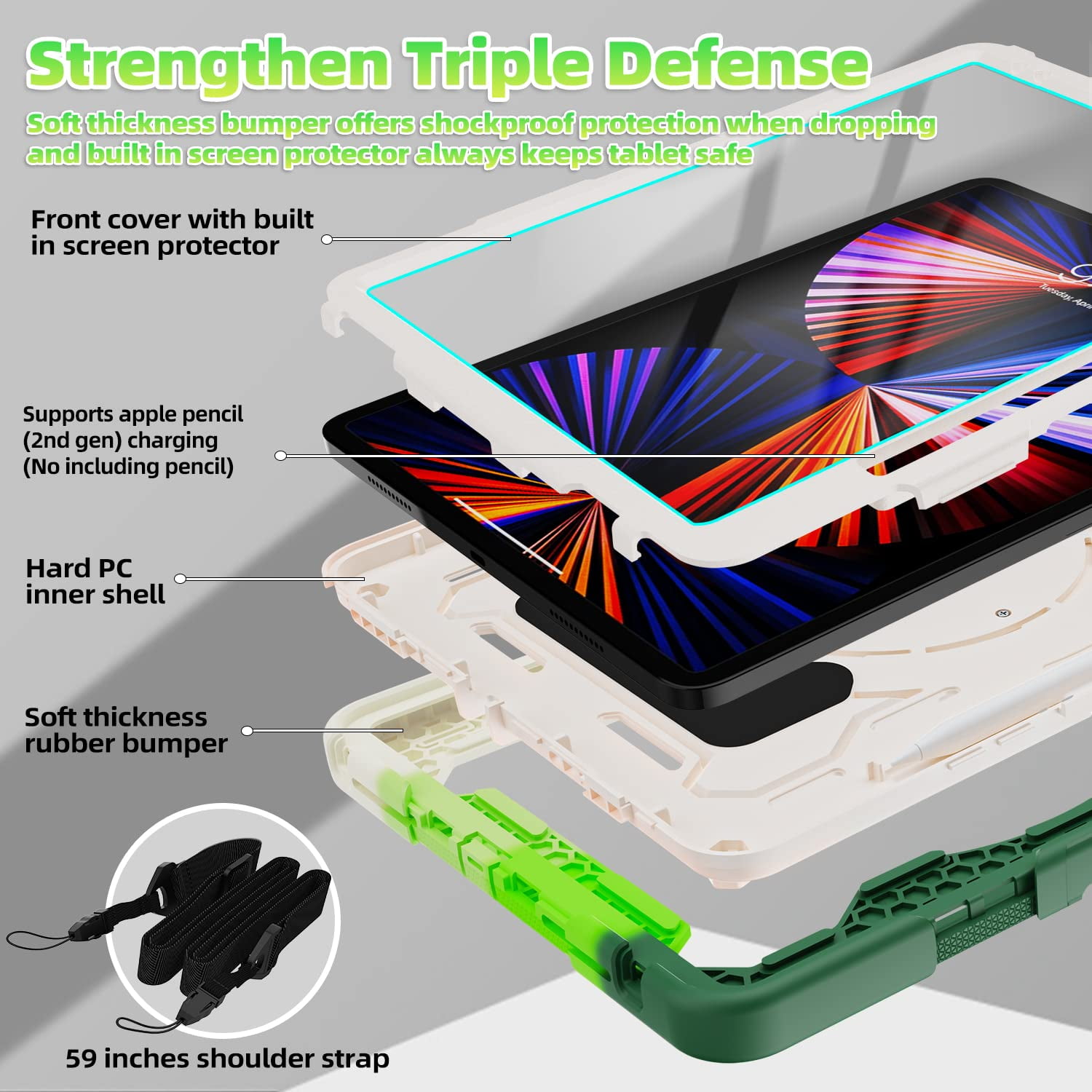 ROISKIN for iPad Pro 12.9 inch Case (6th/5th/4th/3rd generation)with Screen Protector for Kids, 360 Kickstand,Handle, Pencil Holder,Shoulder Strap Heavy Duty Rugged 12.9 iPad Case