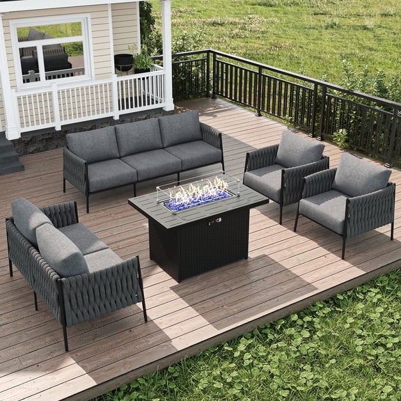 LayinSun 5 Piece Outdoor Furniture Set with Fire Pit Table, Modern Rope Woven Patio Conversation Sofa Set with Olefin Braid and Deep Seating