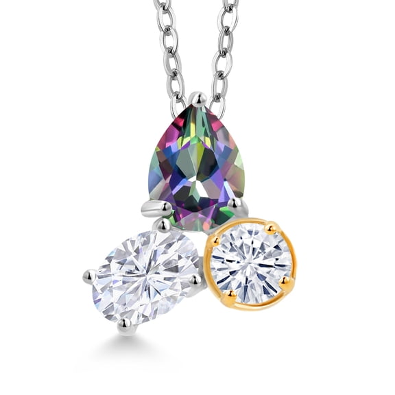 925 Silver and 10K Yellow Gold Green Mystic Topaz and Moissanite 3 Stone Pendant Necklace for Women | 2.65 Cttw | November Birthstone | Pear Shape 8X6MM | Oval 7X5MM | Round 5MM | with 18 inch Chain