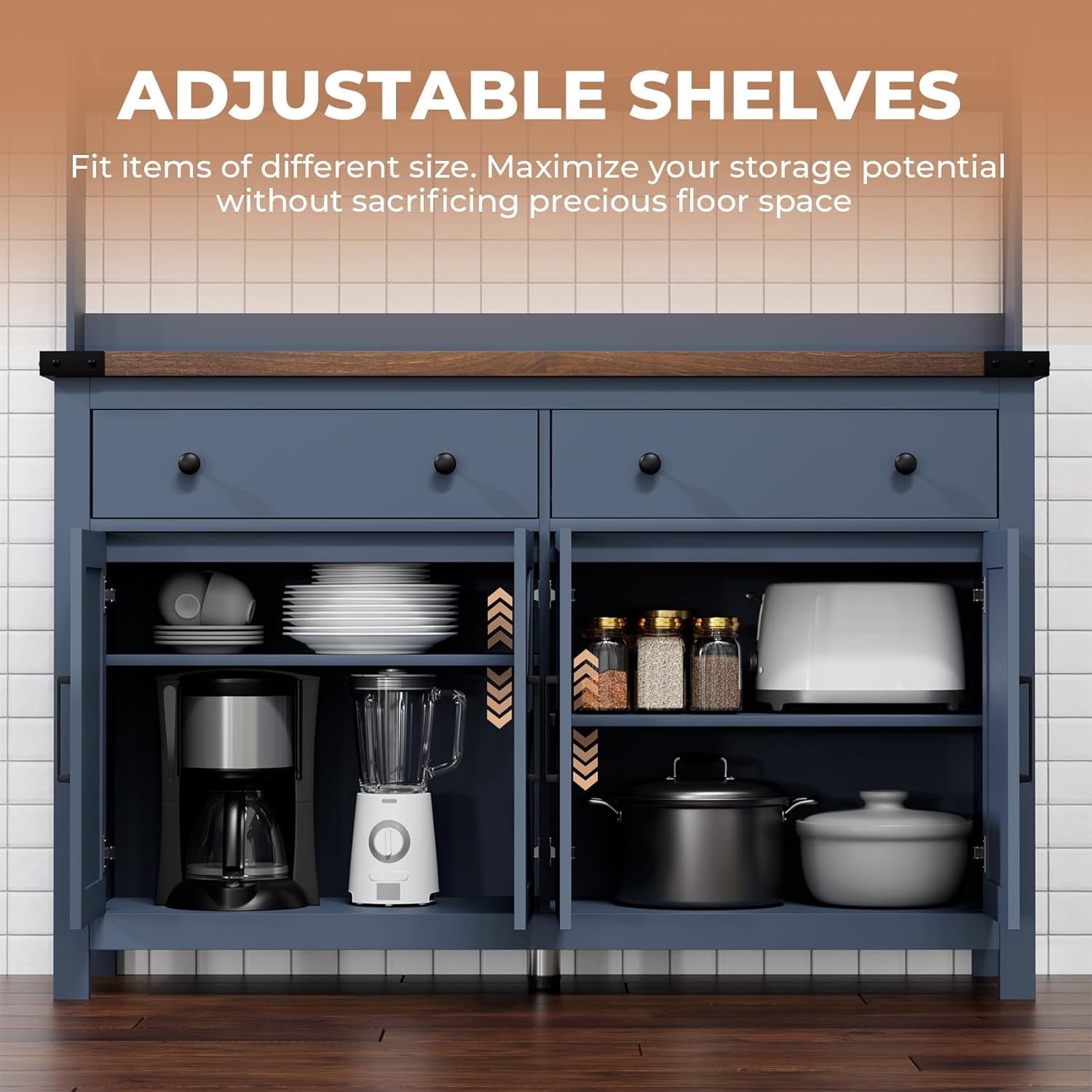 HAUXITIO Storage Cabinet Buffet with Drawers and Charging Station,Coffee Bar Cabinet,Sideboard with Barn Doors,Wine Rack and Hooks,Blue