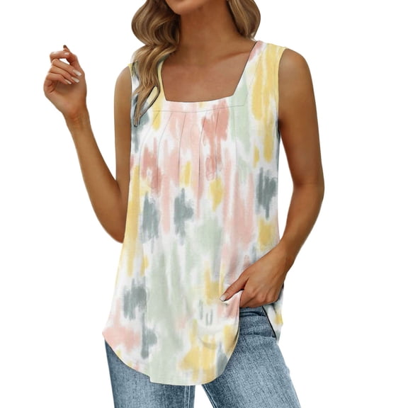 Pimfylm Summer Tank Tops for Women Loose Fit Pleated Tunics Scoop Neck Sleeveless Tops Curved Hem Flowy(Green,L)