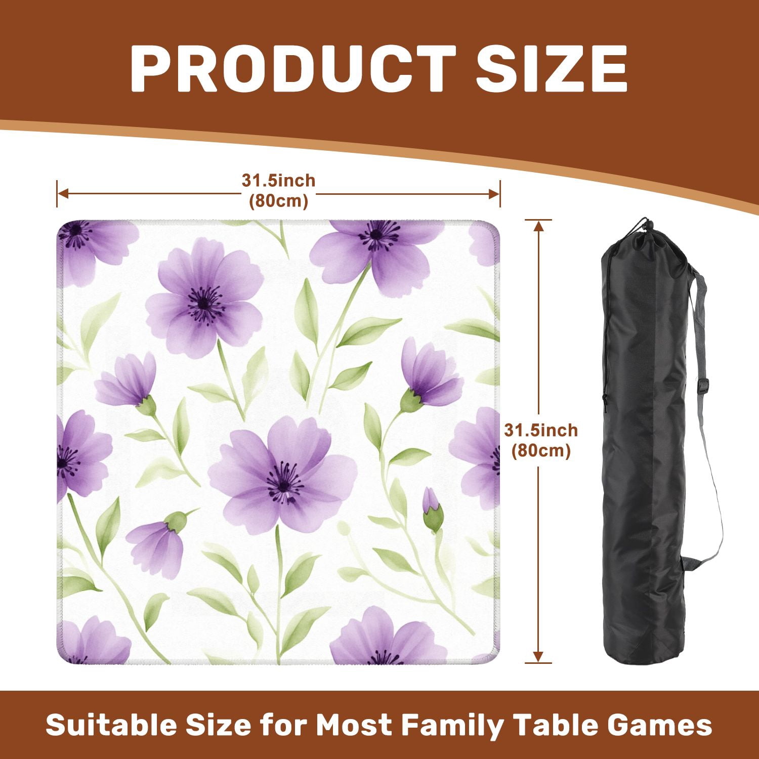 Mahjong Mat 31.5" x 31.5" Cute purple floral whith green leave seamless watercolor watercolor Non-Slip Noise Reduction American Mahjong Tiles Table Cover for Dominoes Poker Card Board Games Gift