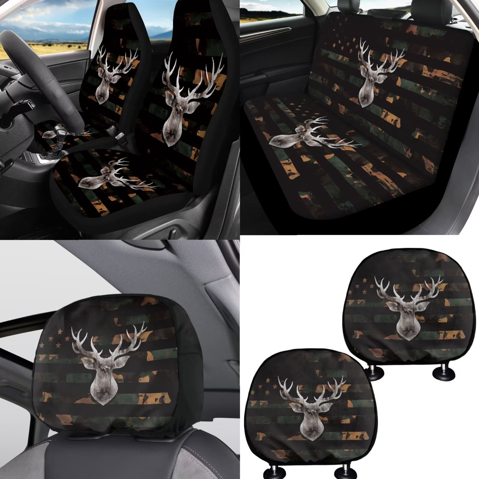 FKELYI American Flag Antler Print Car Seat Covers with Steering Wheel Cover Auto Center Console Pad Seat Belt Pads Head Rest Covers Gear Shift Cover Hanbrake Cover, 16 Piece Interior Decor