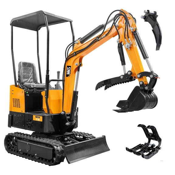 MMS 1.2 Ton Mini Excavator MS12 Crawler Trencher Digger Machine with 13.5HP Gas Engine with Hydraulic Thumb Bucket Grabber Ripper