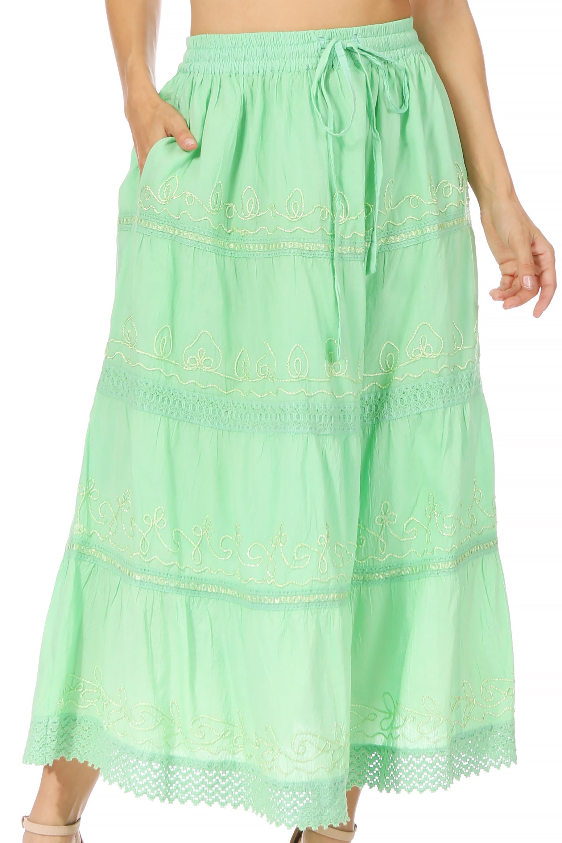 Sakkas Solid Embroidered Crochet Lace Trim Gypsy Bohemian Mid Length Cotton  Skirt - Springgreen - One Size - Walmart.com