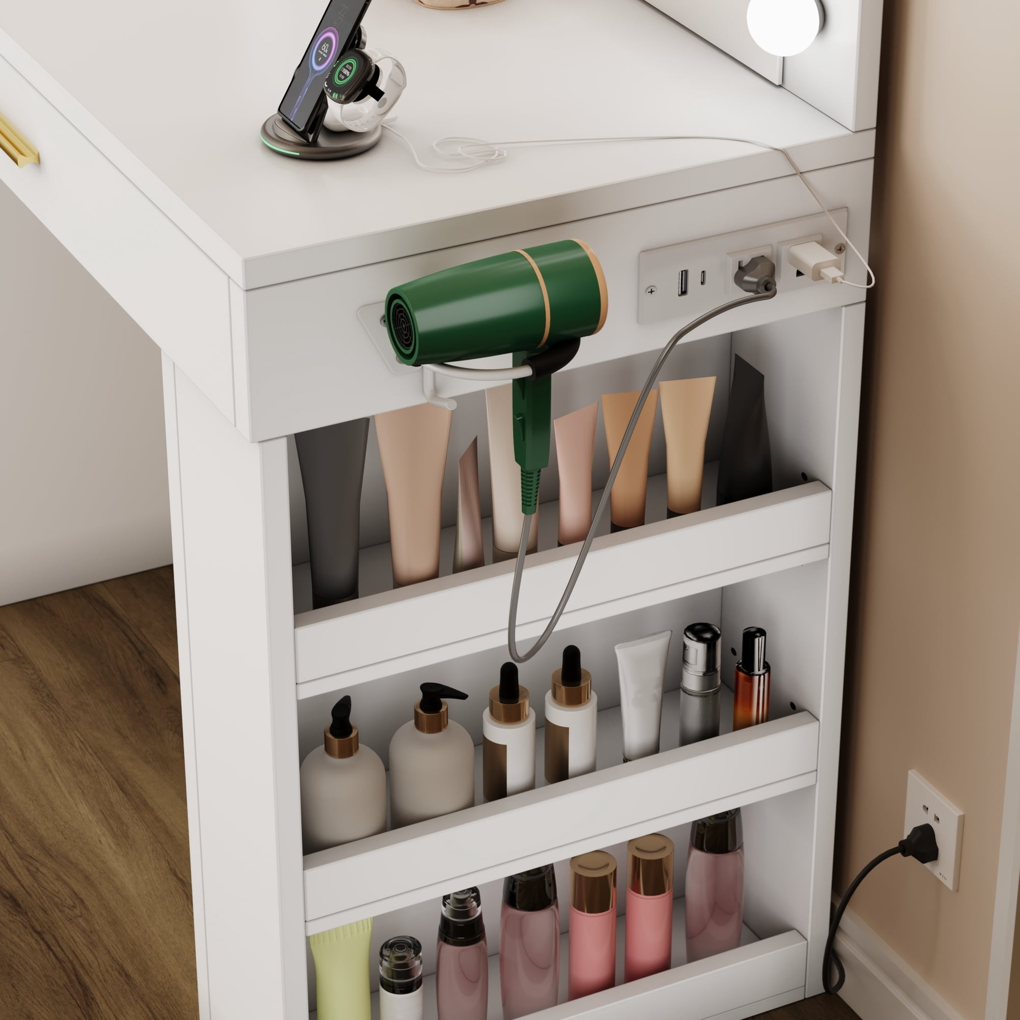 Uforic 40-Inch Makeup Vanity Desk with LED Mirror, Drawers, Shelves, and Power Outlets - White