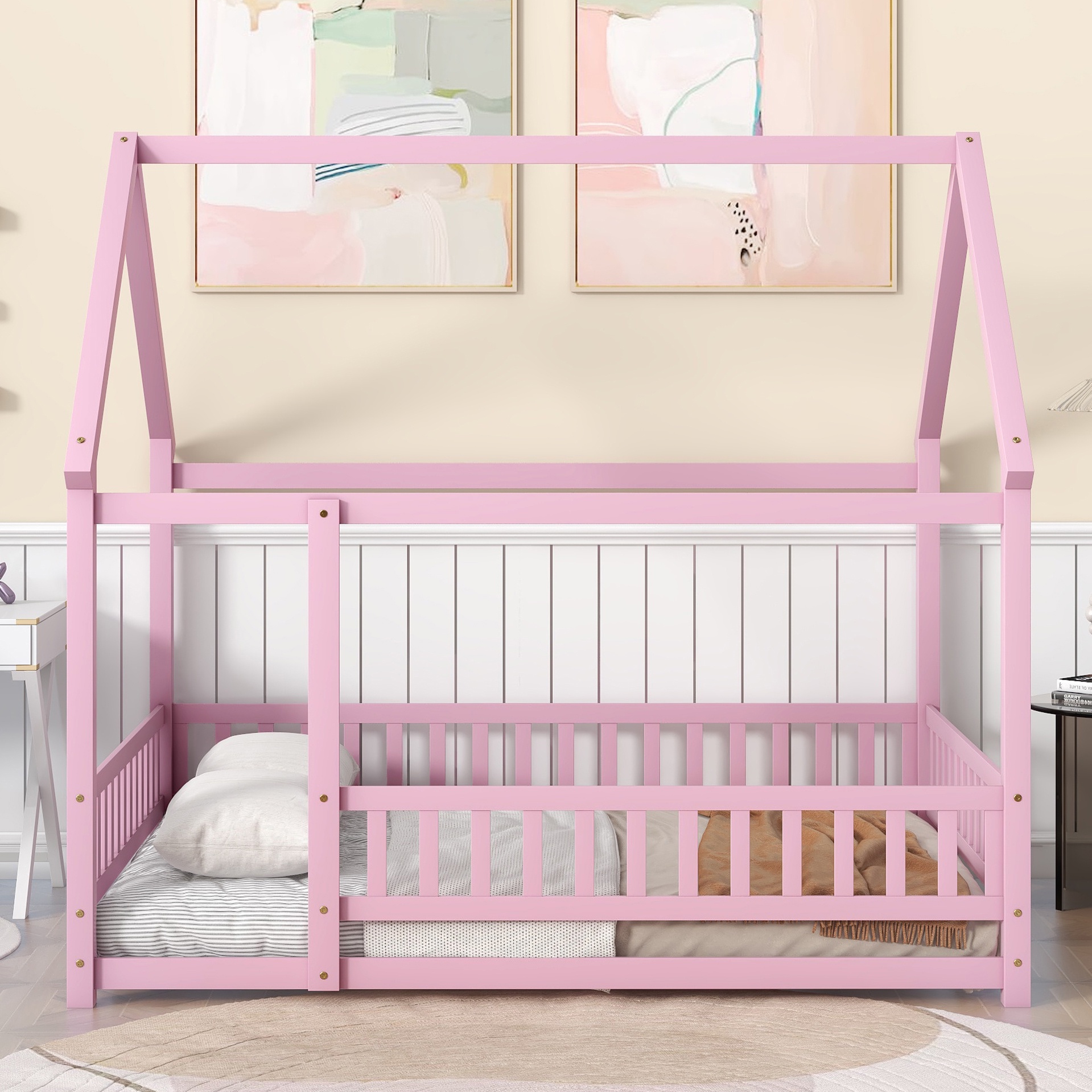 Bellemave Full Floor Bed, Wood Full Size House Bed Frame with Fence, Montessori Floor Bed for Bedroom（Pink)