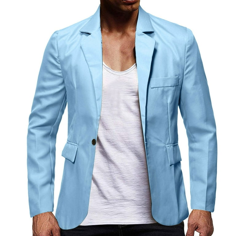 MRULIC winter coats for men Men's Luxury Casual Suit Blouse Lapel Button  Slim Fit Stylish Jacket Shirt Party Formal Solid Color Coat With Pocket  Light blue + XXL 