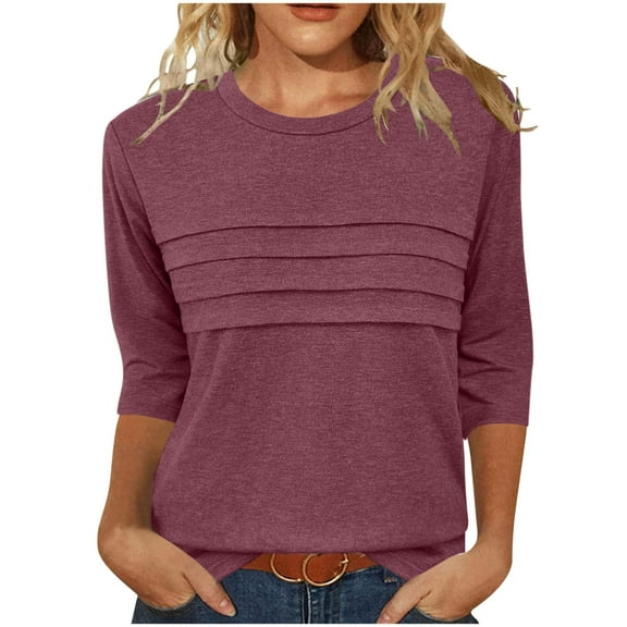 WRKEKC Womens Long Sleeve Tops Casual Solid Color Crew Neck 3/4 Sleeve Pleated T Shirt Loose Fit Pullover Fall and Winter Daily Wear Comfortable Top