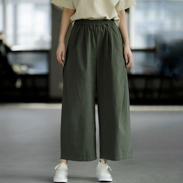 Mceream Wide Leg Pants for Womens Elastic Waisted Drape High Rise Versatile Oversize Cargo Style Baggy Cozy Slacks with Pockets Plus Size Pants Pantalones Holgados Para Mujer Green M