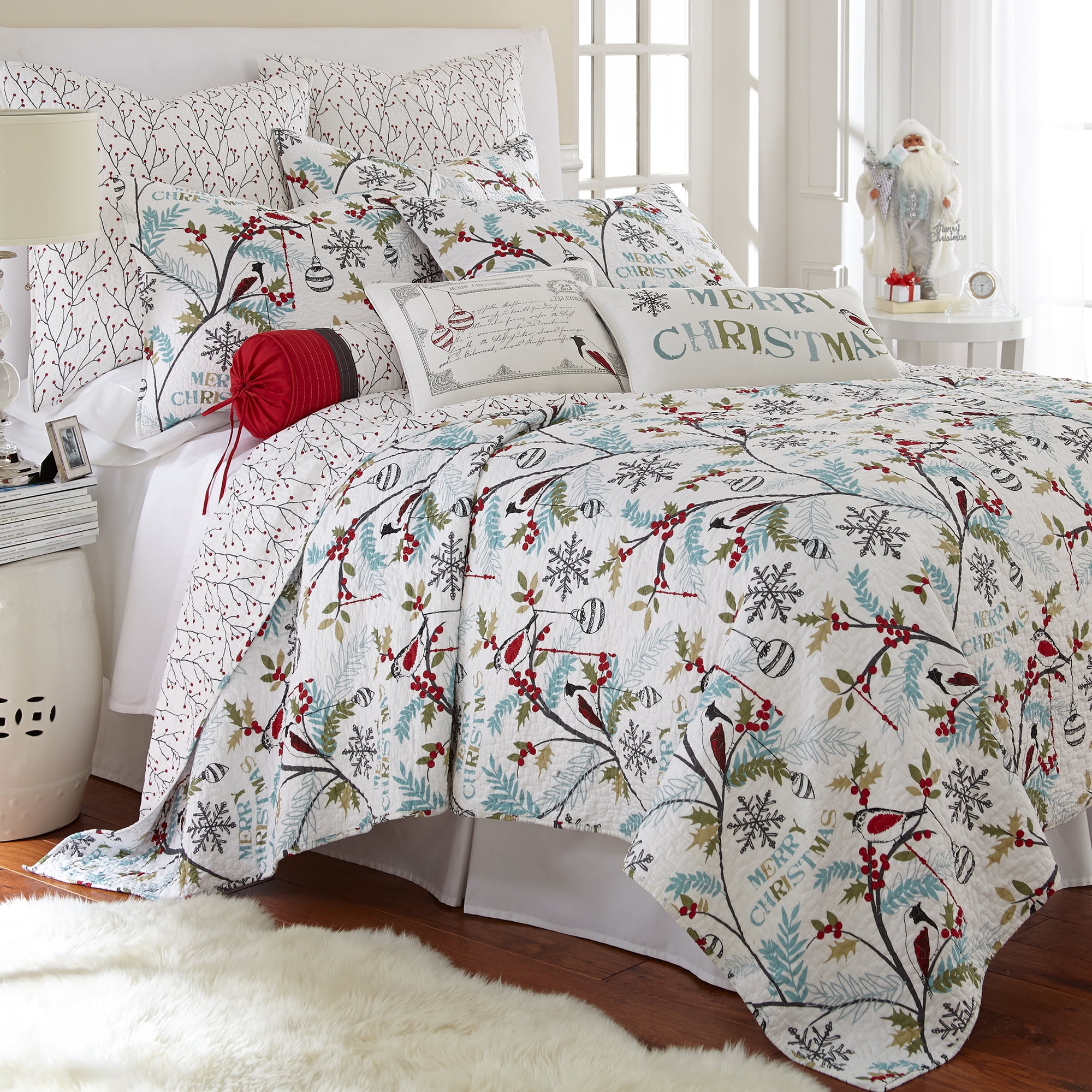 Levtex Home - Holly Quilt Set - Full/Queen Quilt + Two Standard Pillow Shams - Christmas Trees - Teal Red Green White - Quilt Size (88x92in.) and Pillow Sham Size (26x20in.) - Reversible - Cotton