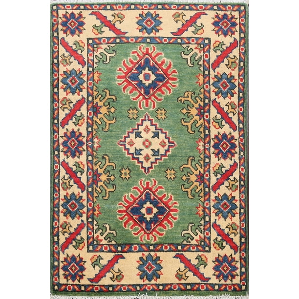 Green Geometric Super Kazak Oriental Area Rug Handmade Wool Carpet 2x3
