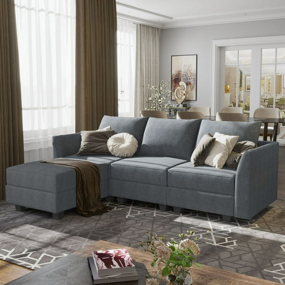 HONBAY Modern Sectional Couch Set with Storage Space, Three-Seaters Sofa L Shape for Living Room and Apartment, Bluish Grey