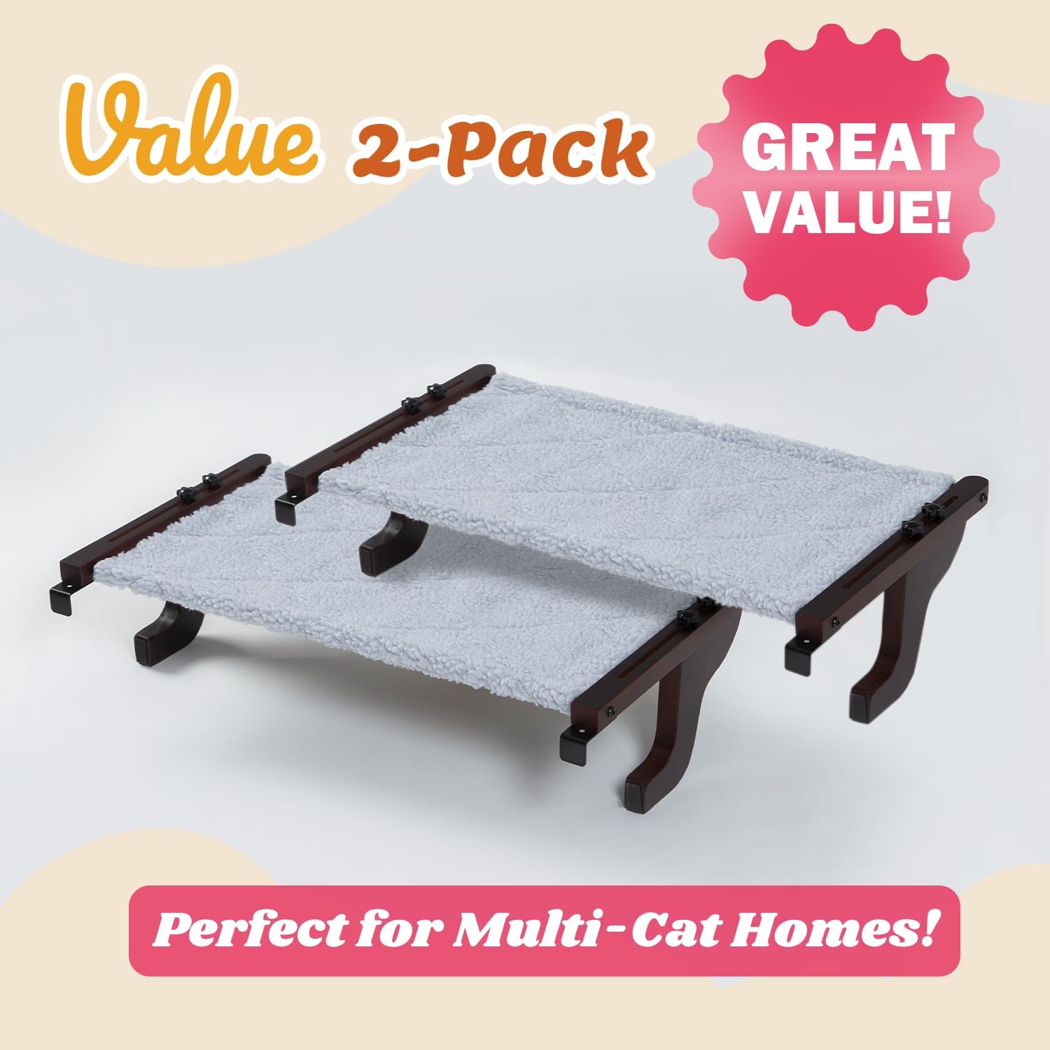 2PC Easy Seat Cat Perch for Window Sill - Hammock Design w/Pine Wood & Robust Metal Frame - Cat Window Seat for Large Cats and Kittens (Dark Stained Wood w/Gray Bed, Large (26''W x 14''D)
