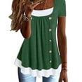thumbnail image 2 of Slatcetga 2 in 1 T Shirt Pleated Front Button Trim Loose Fitting Summer Casual Blouse for Women Green S, 2 of 5