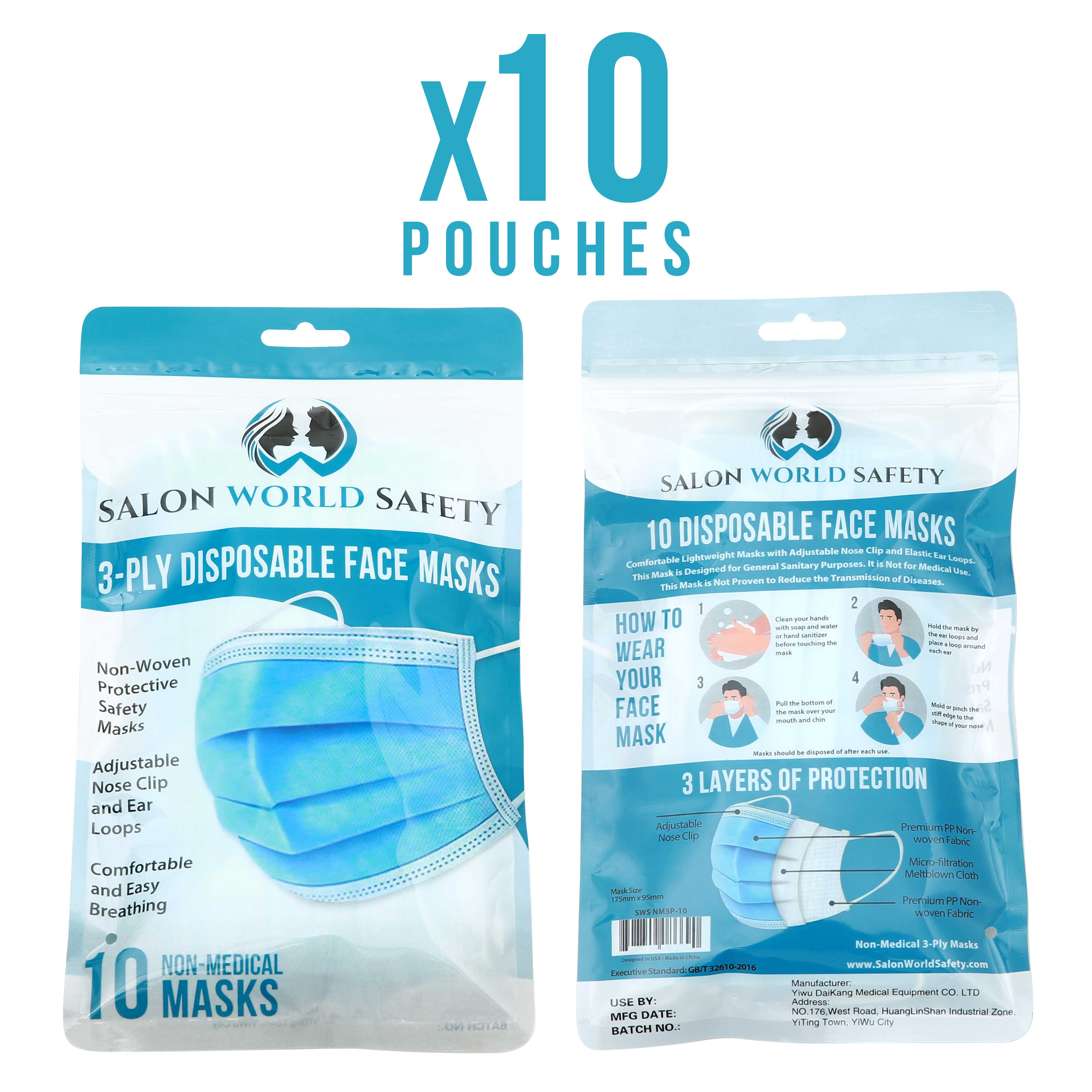 Sealed Package of 10 3 Layer Disposable Protective Face Masks with