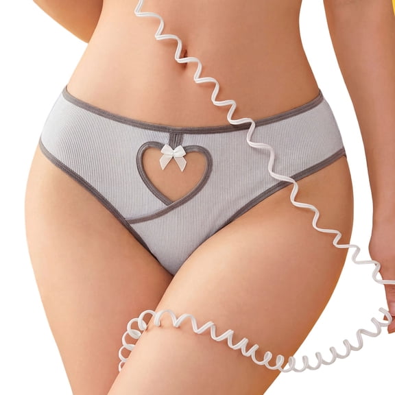 Ozmmyan Womens Low Rise Ribbed Cotton Bikini Panties Heart Cutout Bow Detail Breathable Cheeky Underwear