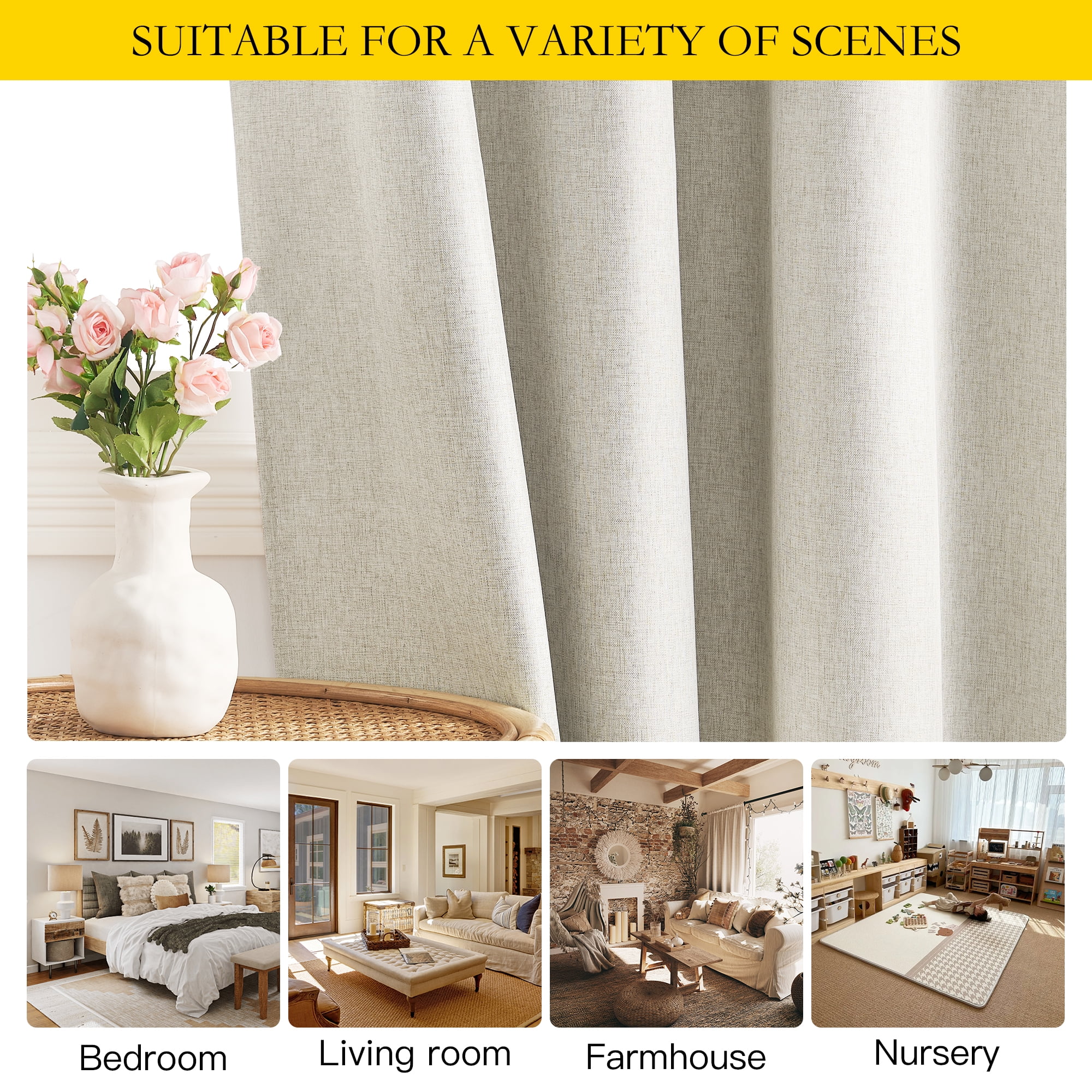 NICETOWN 100% Blackout Curtains for Bedroom Thermal Insulated Faux Linen Curtain Grommet Noise Reducing Drapes, W52 x L84, Sand, Set of 2