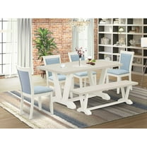 East West Furniture V026MZ015-6 6-Pc Table Set Contains a Wood Table - 4 Baby Blue Parson Chairs and a Small Bench - Wire Brushed Linen White Finish