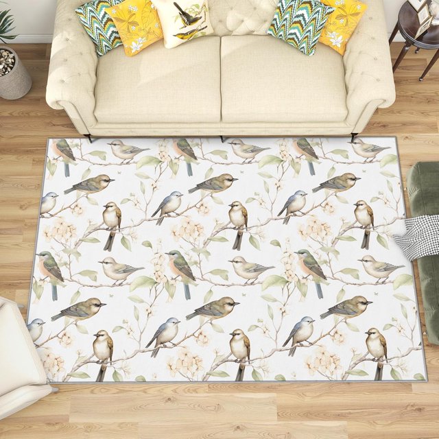 4x5 Rug, Bird Rug, Floral Branch Rugs for Living Room Bedroom, Animal Carpet, Washable & Non Slip & Soft Low Pile Large Indoor Area Rug, Bird Home Decor & Gifts