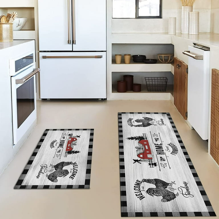 Rooster and Lemoms floorcloth in front of the refrigerator