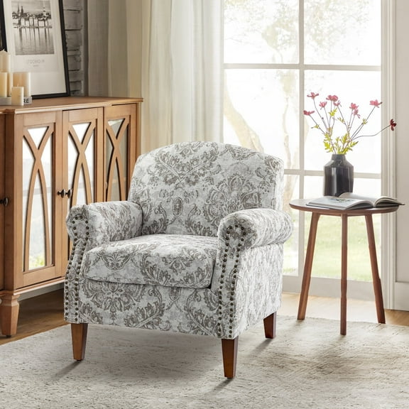 Upholstered Floral Armchair Single Lounge Sofa Accent Chair Nailhead Trim Removable Cushion Wooden Legs Home Living Room Beige