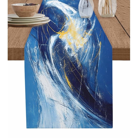 ERUNPONLY Blue Gold Coastal Table Runner - 72 Inch Long Summer Abstract Ocean Wave Cotton and Linen Blended Dress Scarves Farmhouse Table Runner for Kitchen Dining, Coffee Table, 13"x72"