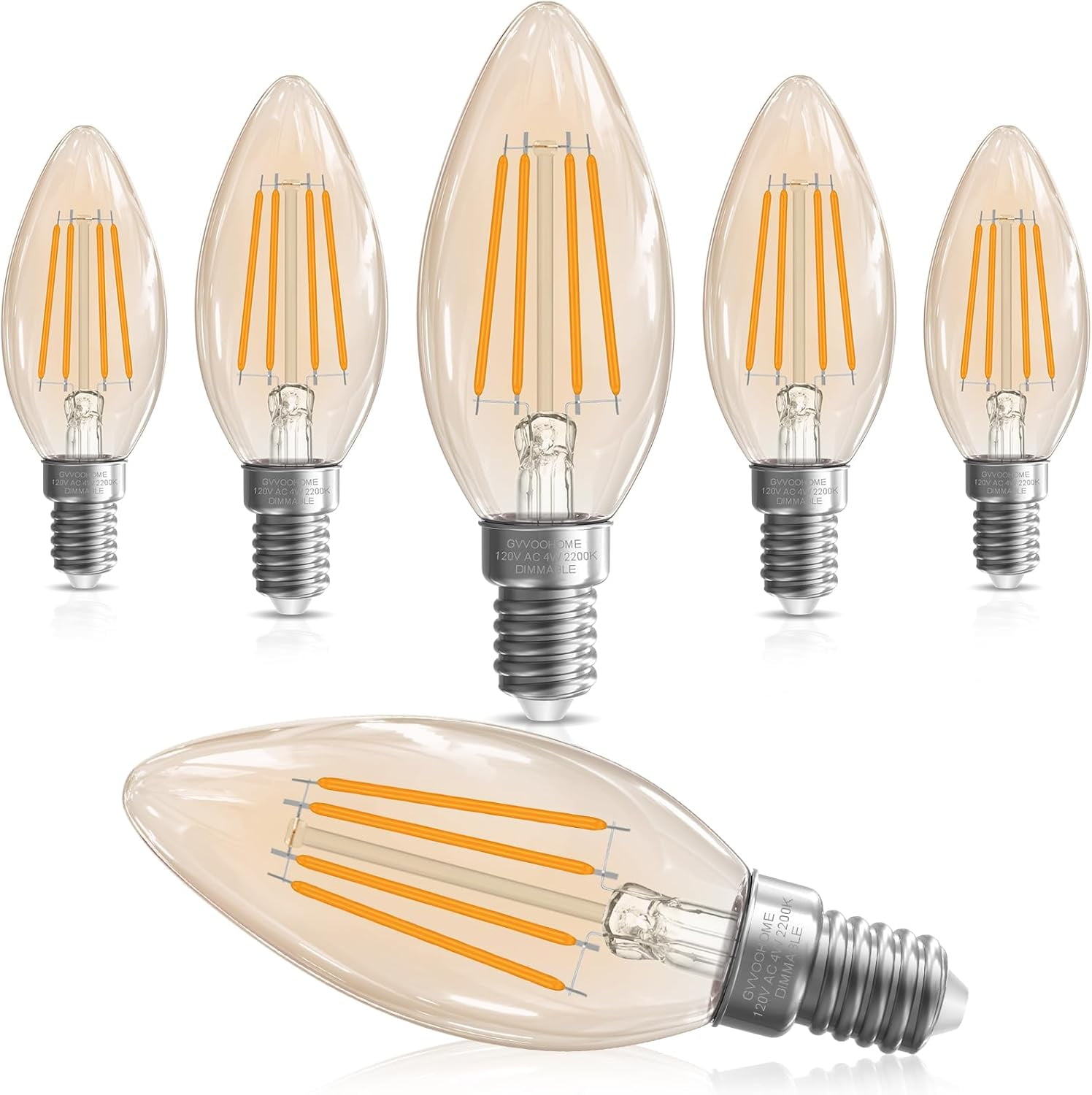 PYYAN-LED Candelabra Light Bulbs, 40 watt Equivalent Chandelier Bulbs, E12 LED Bulb Dimmable, 2200K Amber Warm, B10 Candle Light Bulb, 90+CRI, 400LM, Amber Glass Finish, 6 Pack