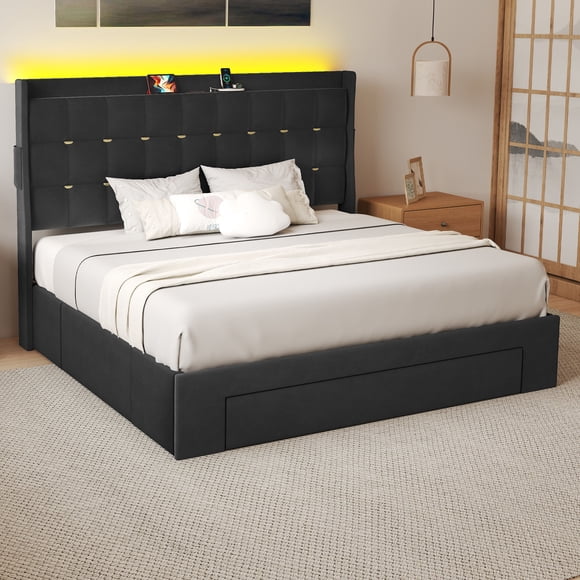 Dextrus Queen Size Velvet Upholstered Bed Frame with LED Lights and Charging Station, 3 Storage Drawers, Storage Headboard, No Box Spring Needed, Noise-Free Platform Bed, Easy Assembly, Black