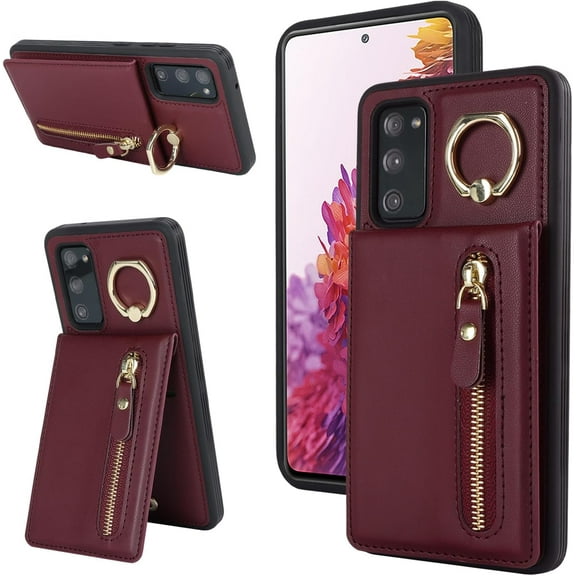 Samsung Galaxy S20 FE Case with Card Holder for Women, Samsung Galaxy S20 FE Phone Case Wallet with Credit Card with Ring Kickstand Zipper Slim Stand Case - Red Wine