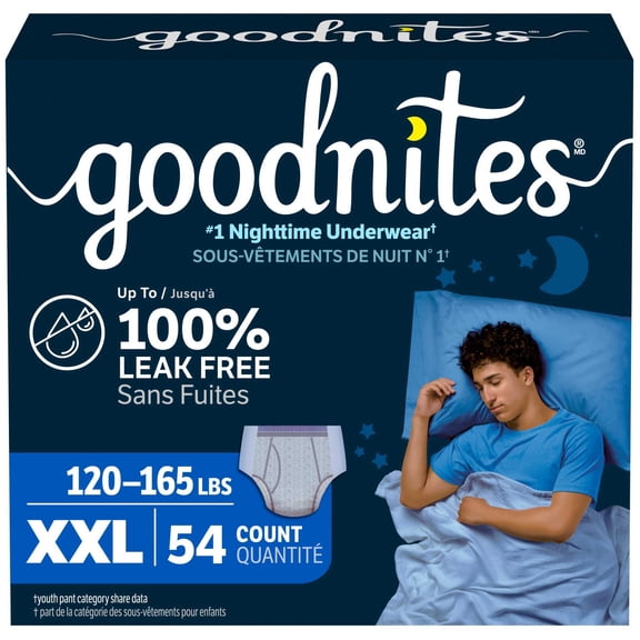 Sous-vêtements de nuit Goodnites pour garçons, taille TTG (54 à 75 kg [120 à 165 lb]), 54 sous-vêtements